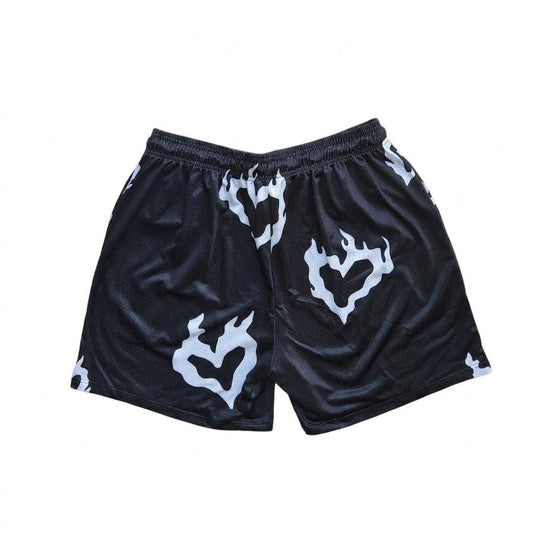 SwishGang black mesh basketball shorts with white flaming heart print back