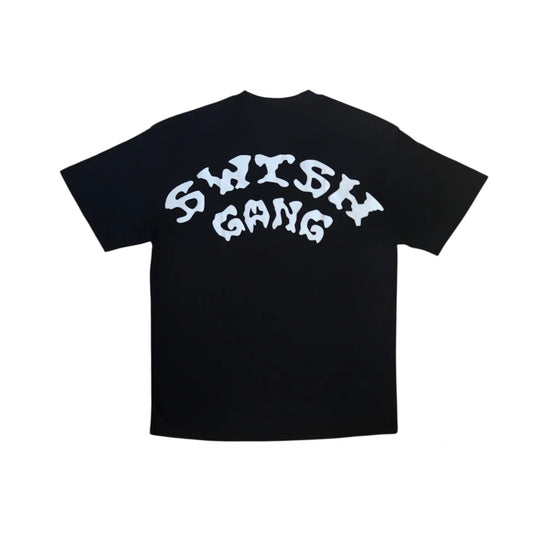 Back view of a black t-shirt featuring a large, arched white SwishGang logo across the upper back
