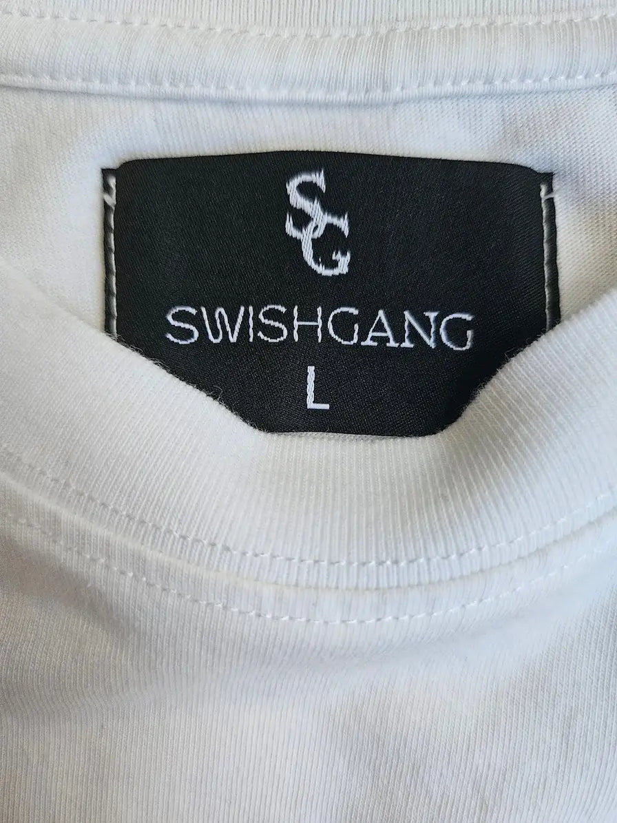 SwishGang brand and size label detail on white basketball t-shirt collar – SwishGang
