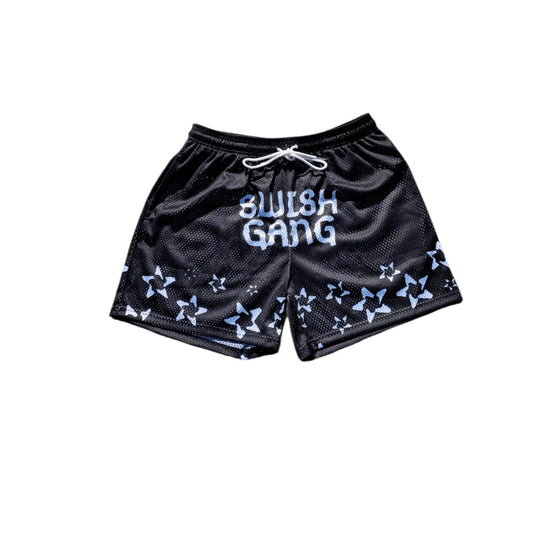 Studio product shot of black basketball shorts featuring a blue star pattern and the SwishGang logo