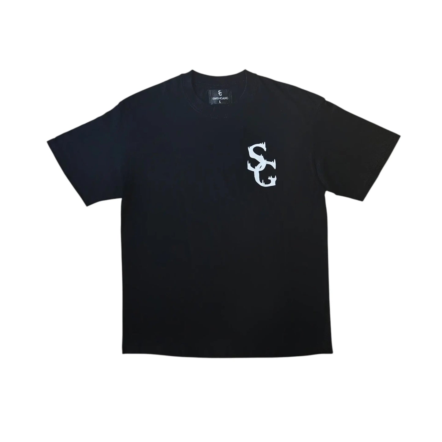 A clean, black t-shirt featuring a stylized white SwishGang logo on the left chest