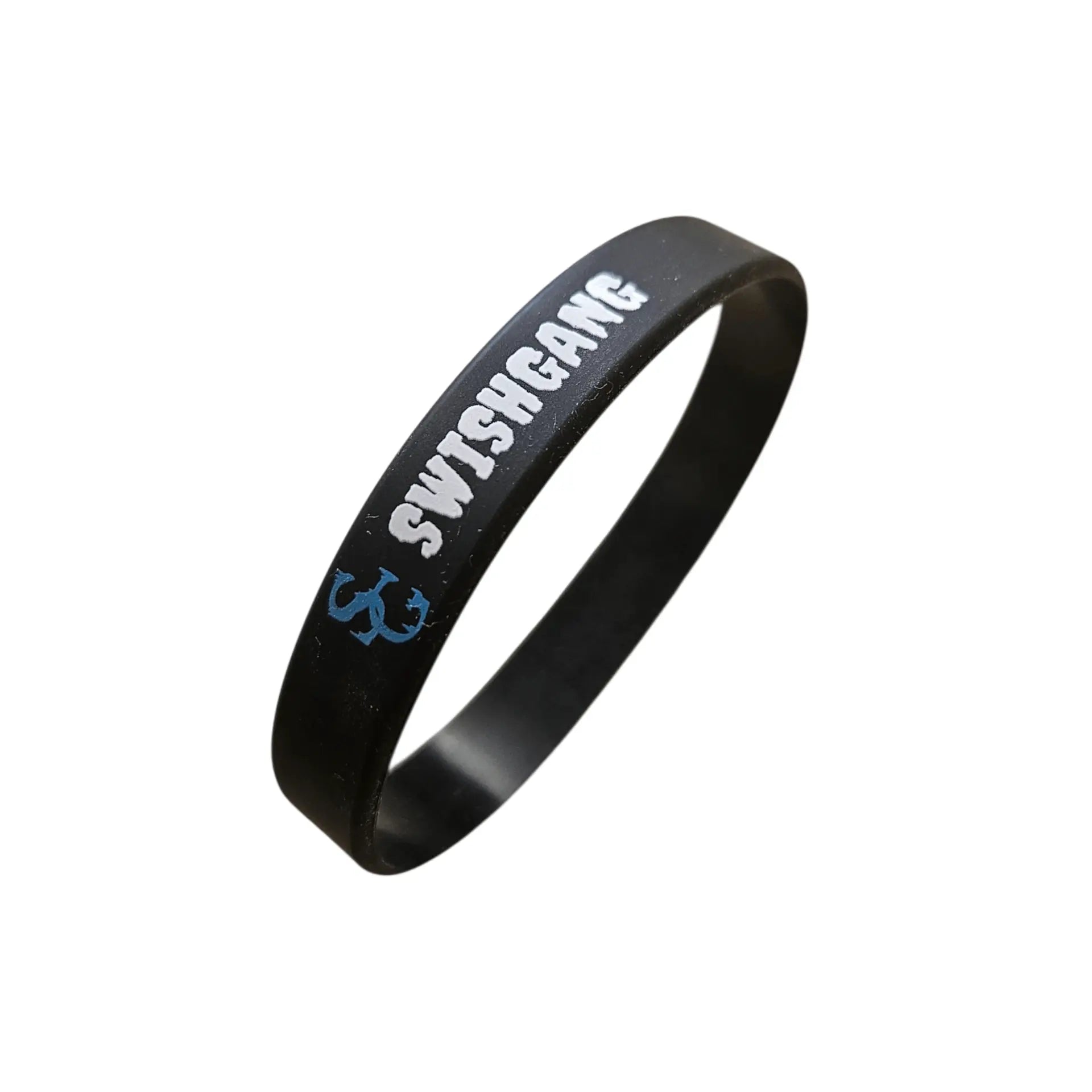A single black silicone wristband featuring the blue and white SwishGang logo and text