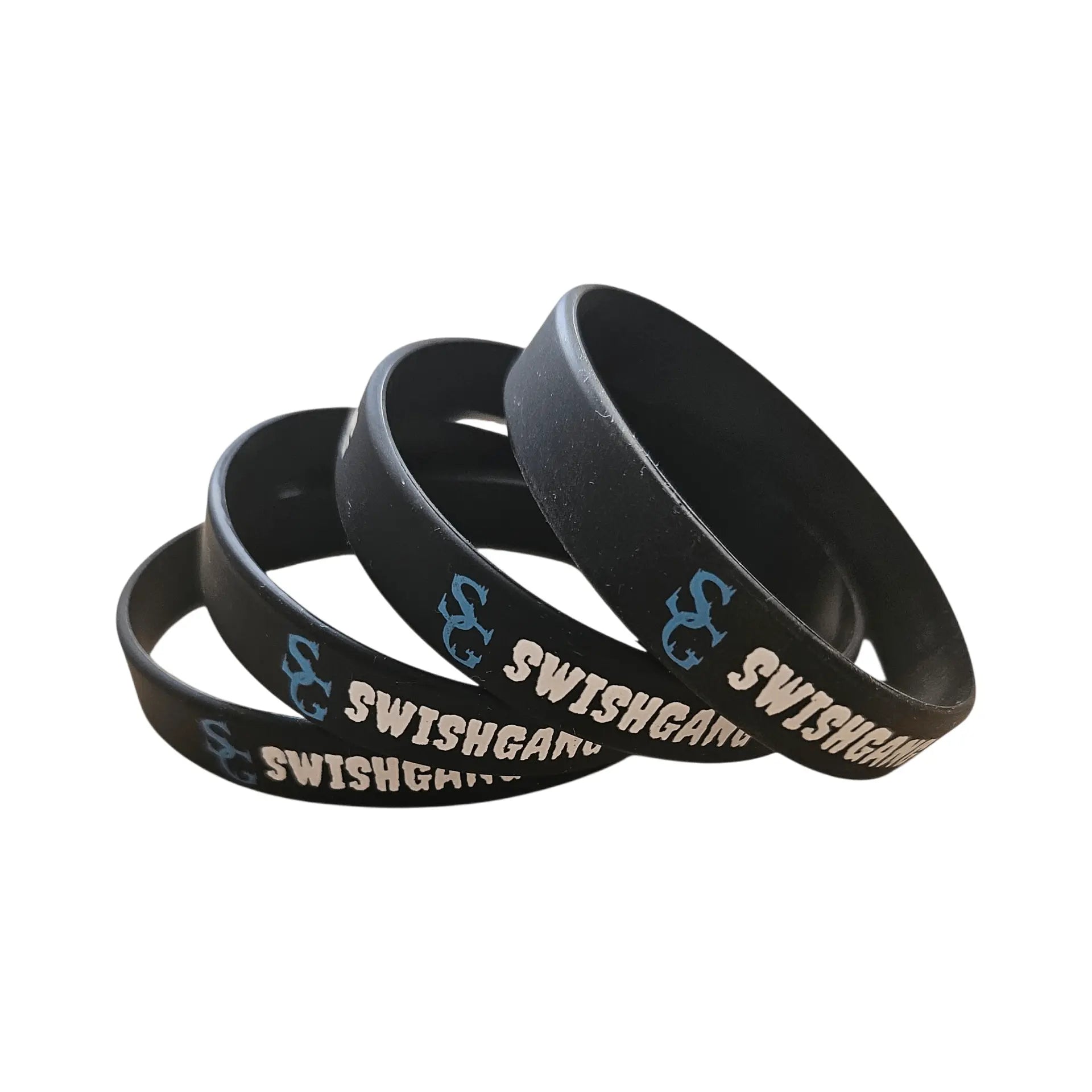 A stack of black SwishGang silicone wristbands featuring a blue and white logo