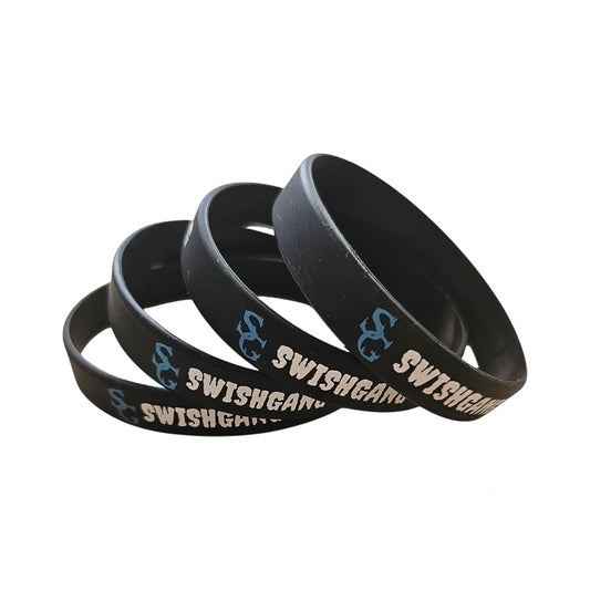 A stack of black SwishGang silicone wristbands featuring a blue and white logo