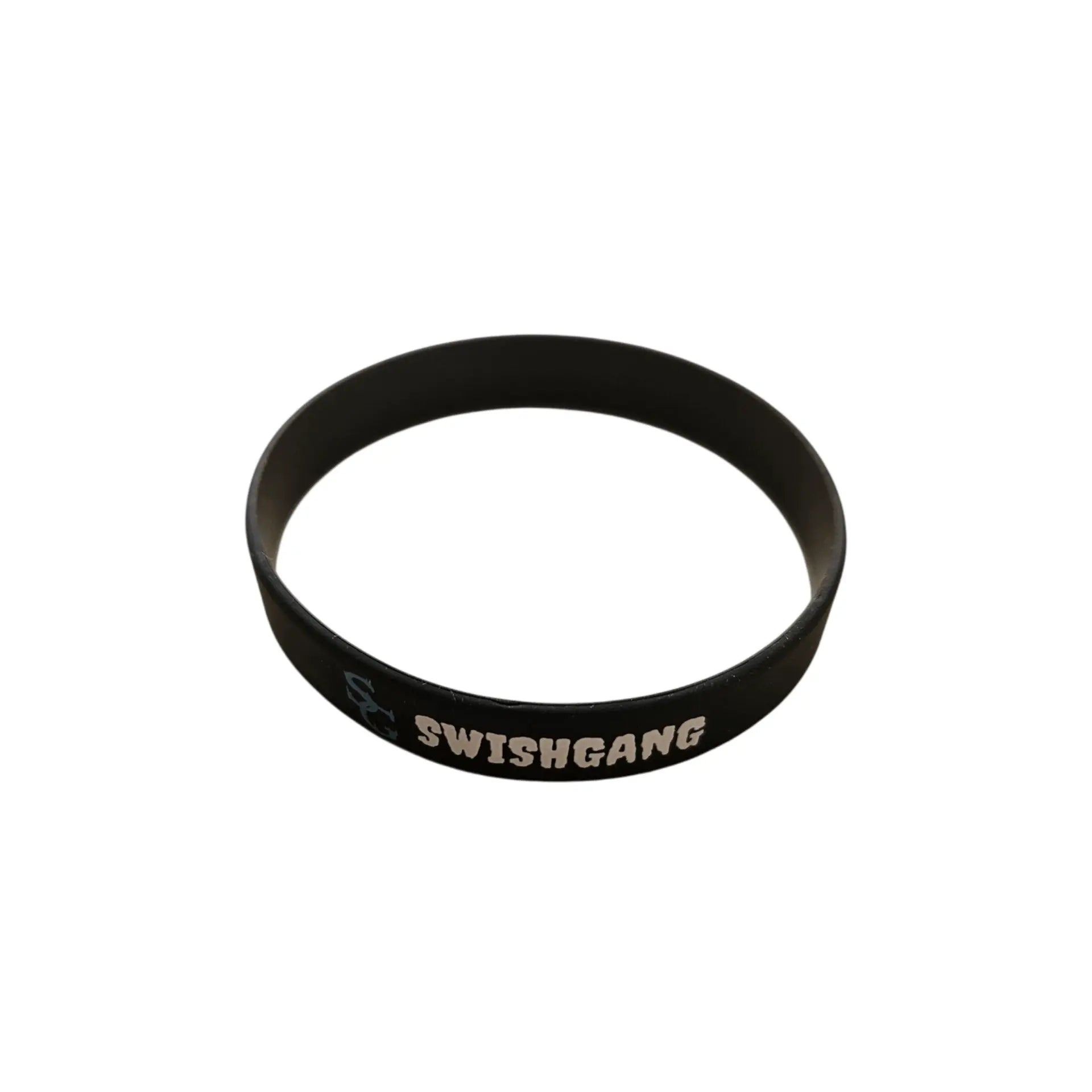 A black silicone SwishGang wristband viewed from the side, highlighting the printed brand logo
