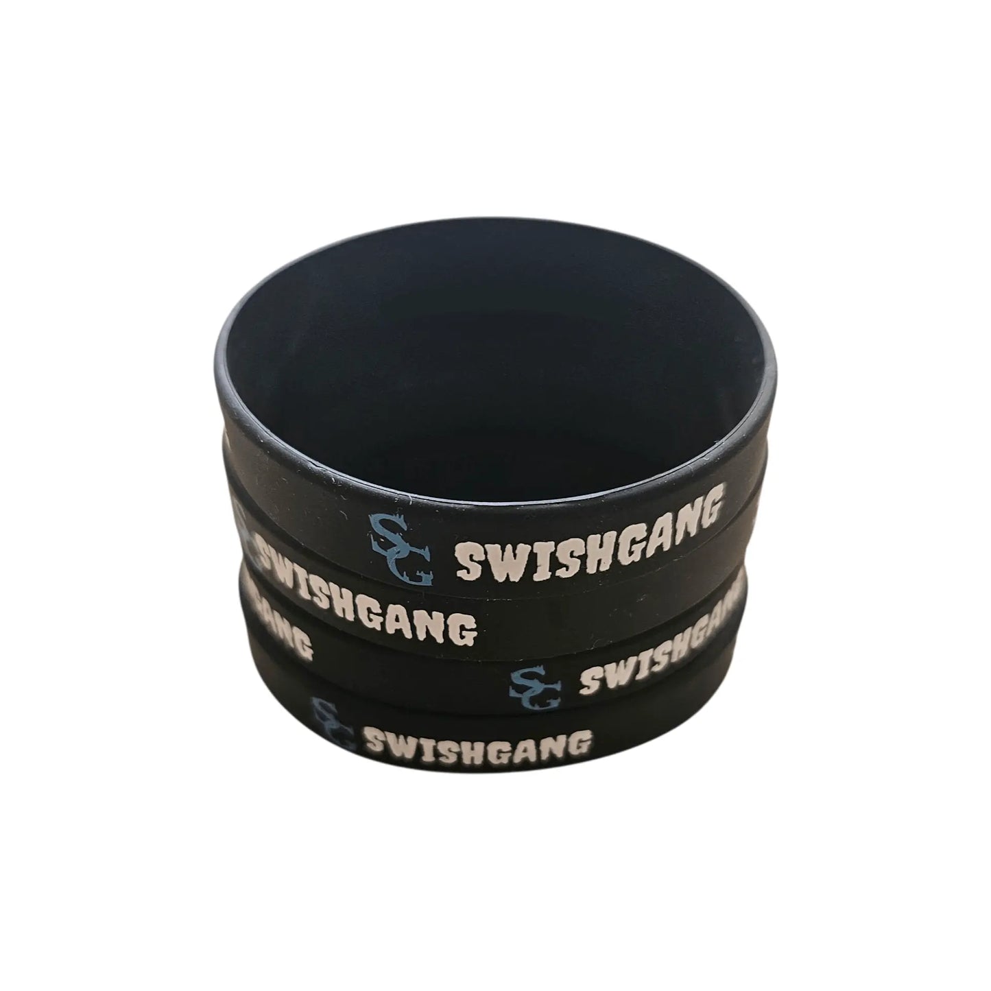 A vertical stack of black SwishGang silicone wristbands with blue and white branding visible