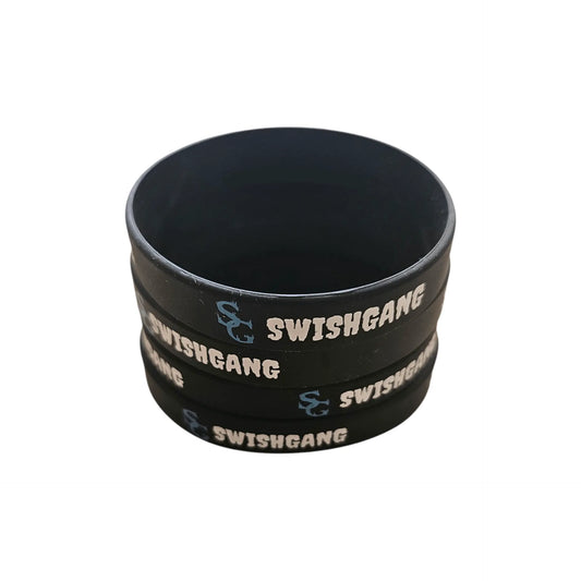A vertical stack of black SwishGang silicone wristbands with blue and white branding visible