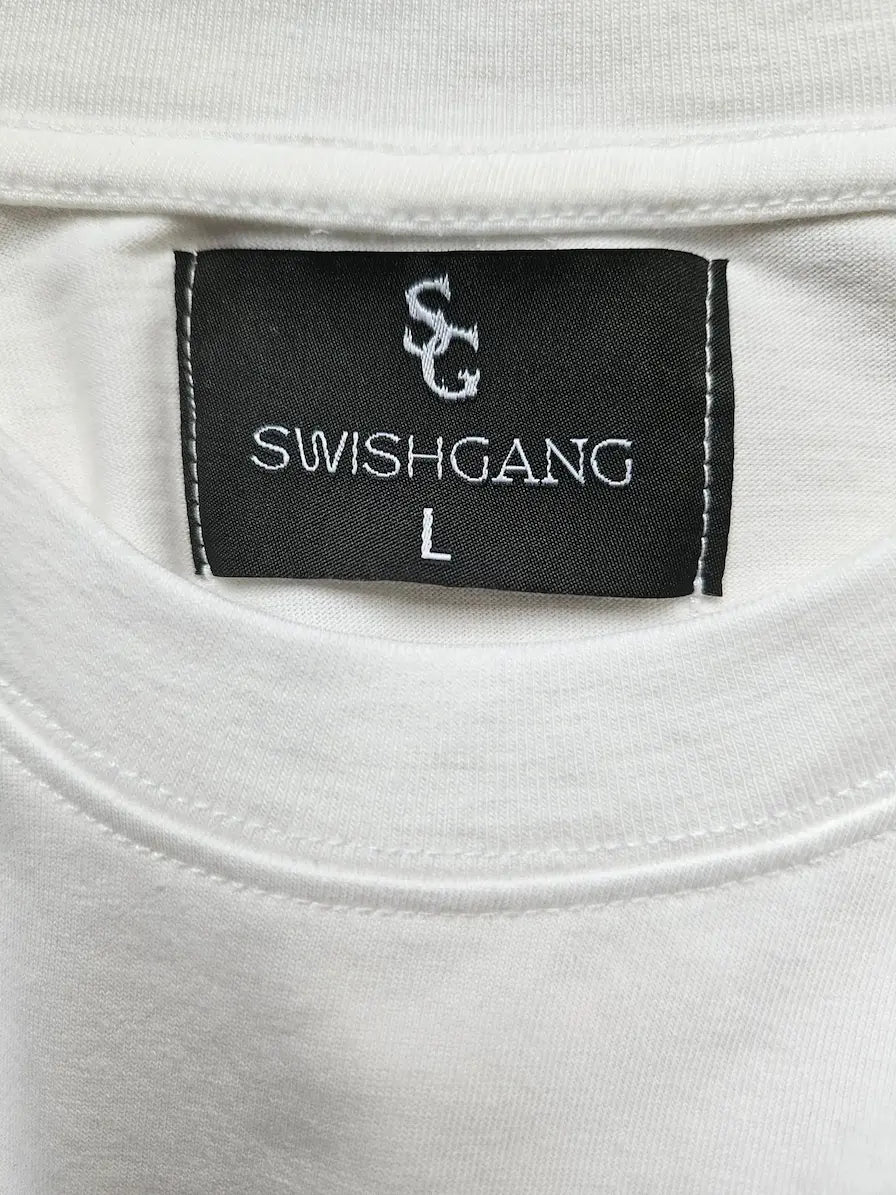 SwishGang woven brand tag detail on "Success is a Decision" white t-shirt neckline – SwishGang