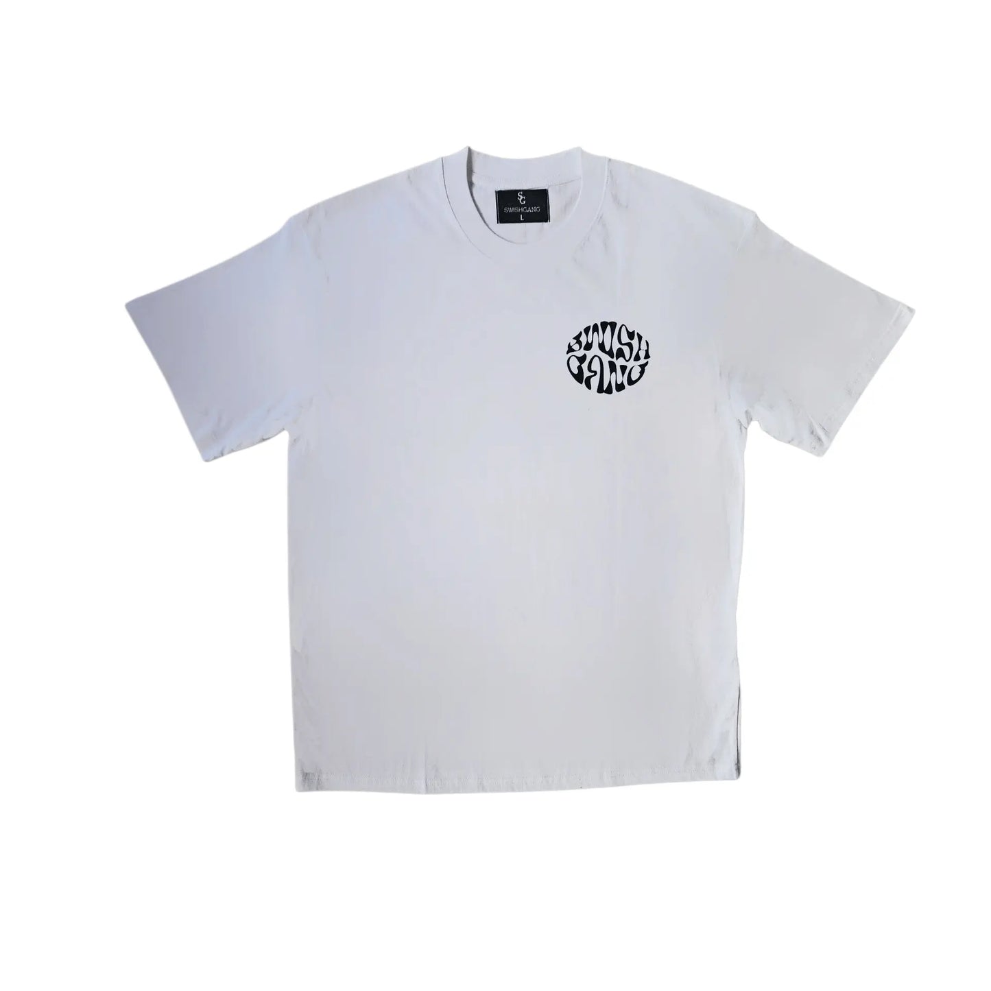 A white t-shirt featuring a circular black SwishGang logo on the left chest