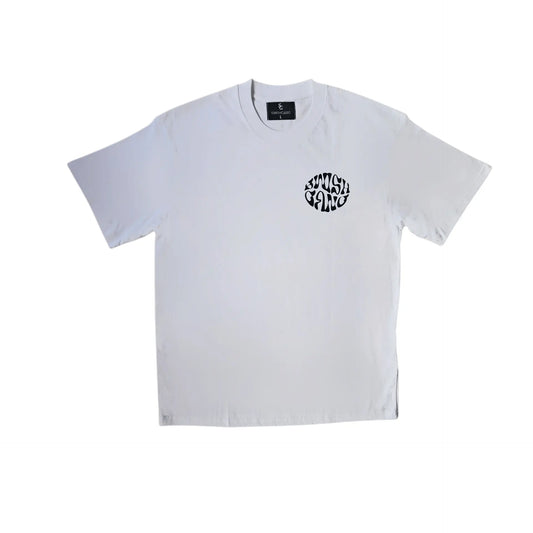 A white t-shirt featuring a circular black SwishGang logo on the left chest