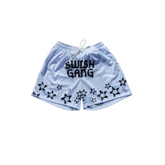 Studio product shot of white basketball shorts featuring a black star pattern and the SwishGang logo