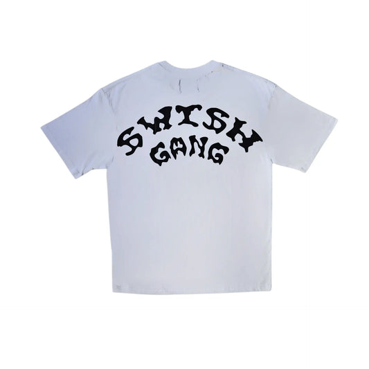 Back view of a white t-shirt featuring a large, arched black SwishGang logo across the upper back