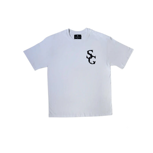 A clean, white t-shirt featuring a stylized black SwishGang logo on the left chest