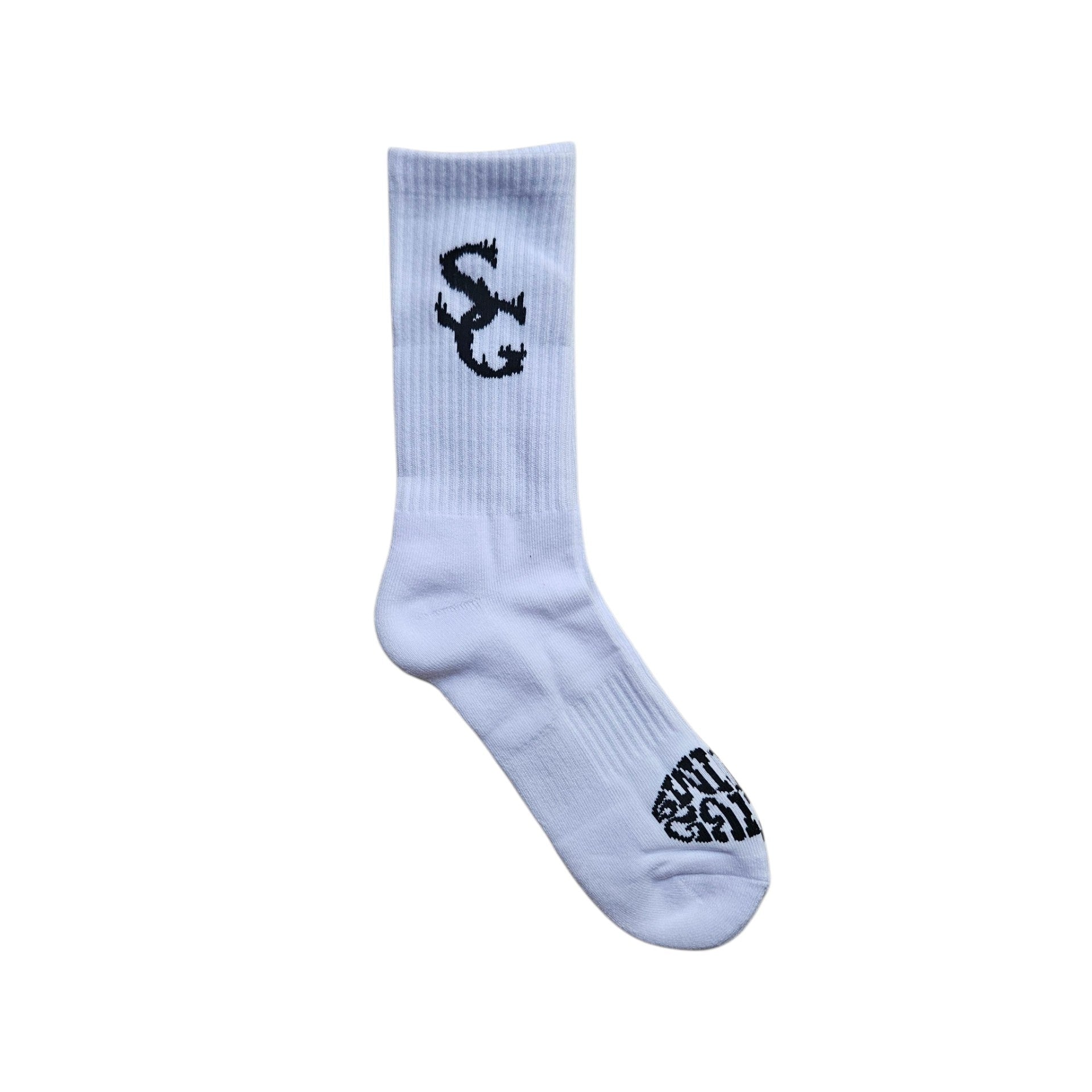 Studio product shot of white crew socks featuring a black SG logo on the side and additional graphic branding on the toe