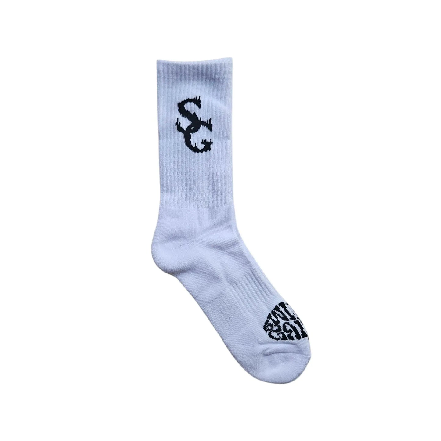 SwishGang white crew socks with black SG logo and SwishGang text on sole