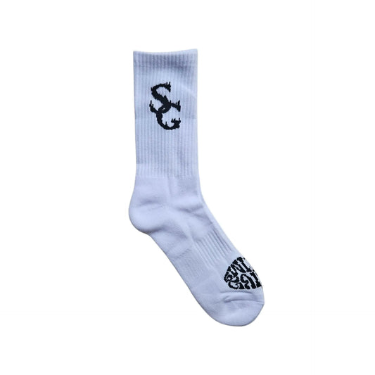 SwishGang white crew socks with black SG logo and SwishGang text on sole