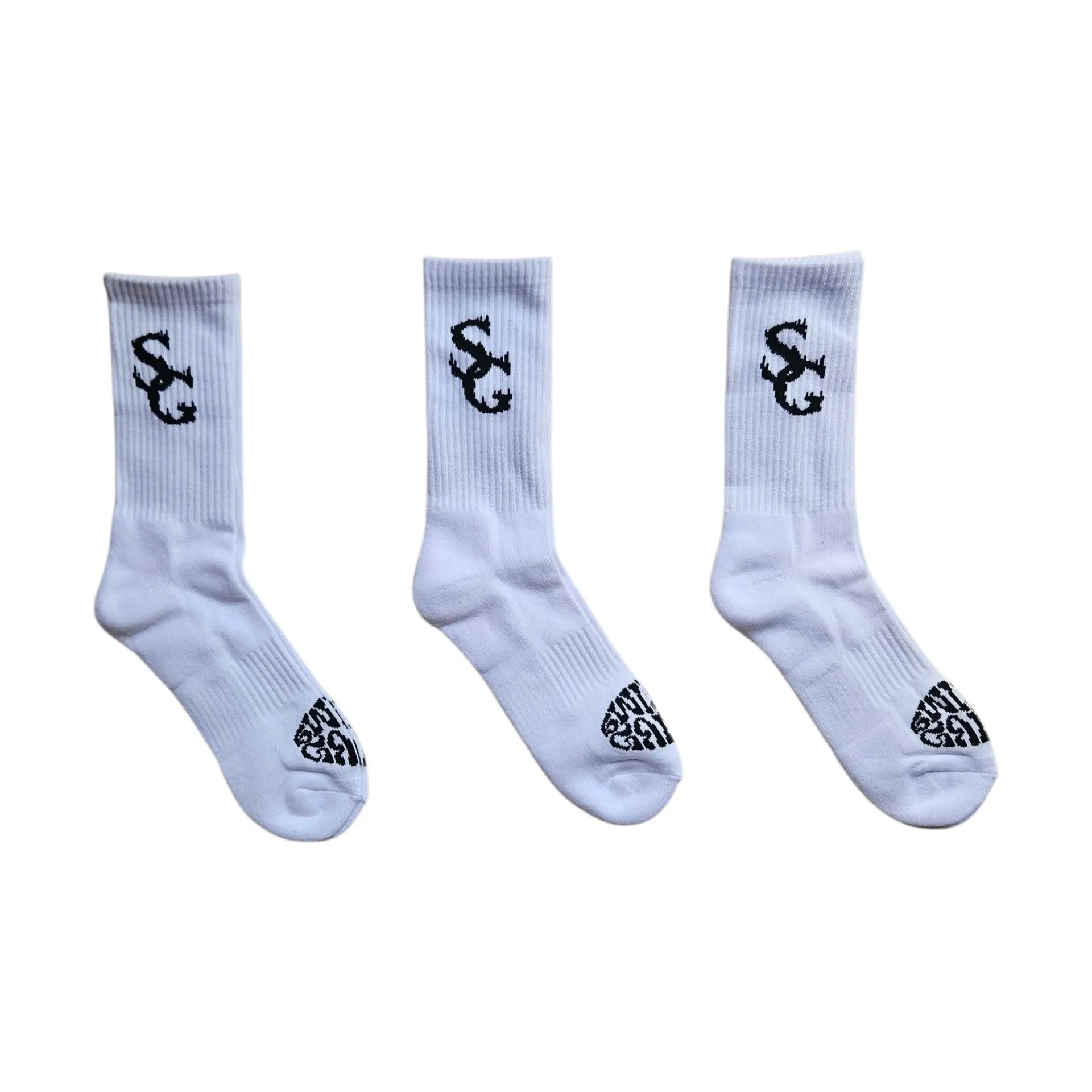 SwishGang white basketball crew socks with black SG logo three pack set