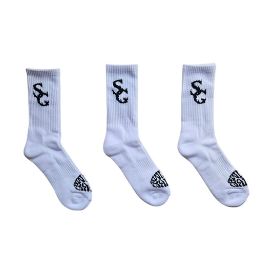 SwishGang white basketball crew socks with black SG logo three pack set